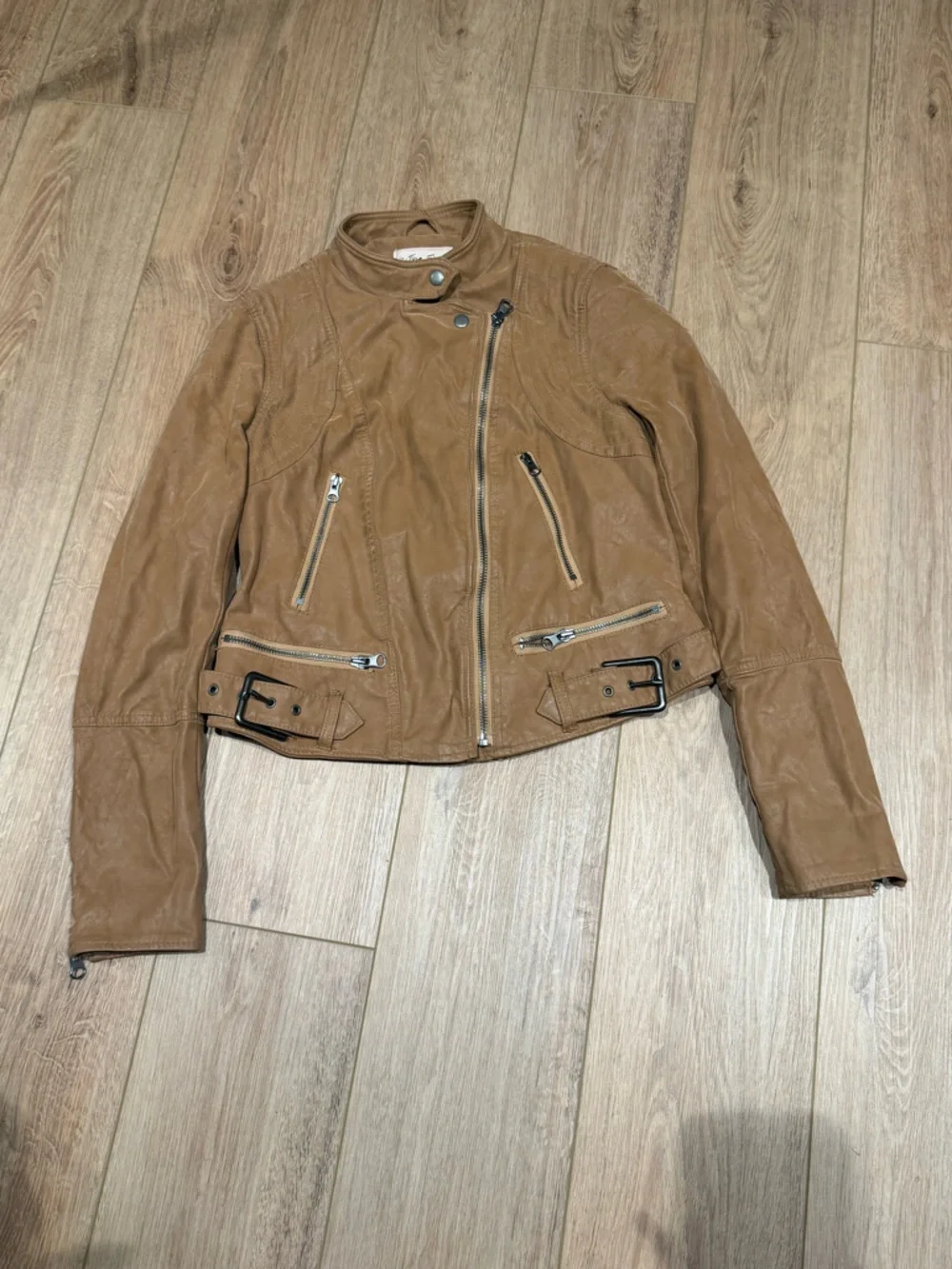 We The Free tan brown vegan‎ leather biker jacket